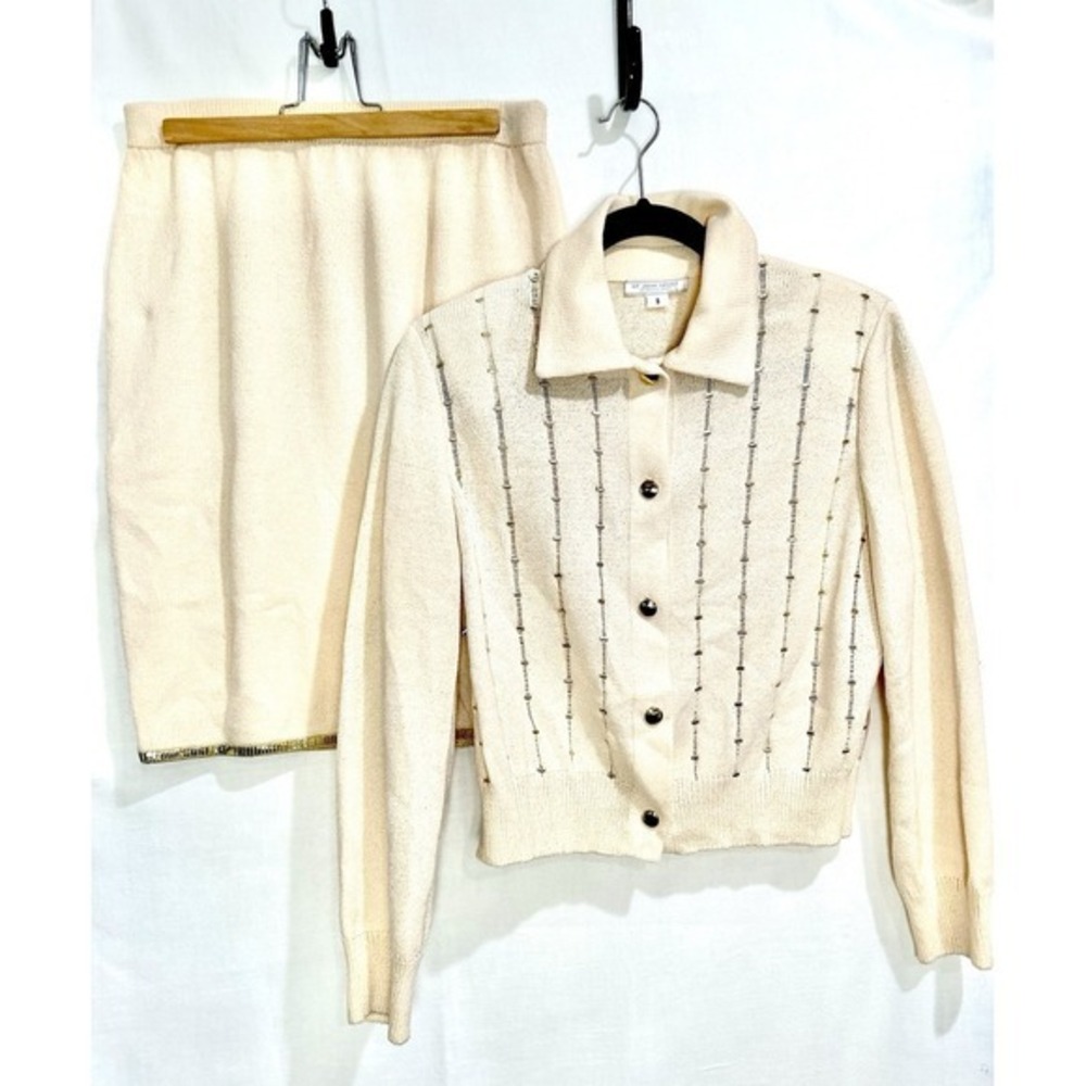 St John Sport Cream Knit Collared Cardigan with‎ Skirt Gold Detailing Small/4